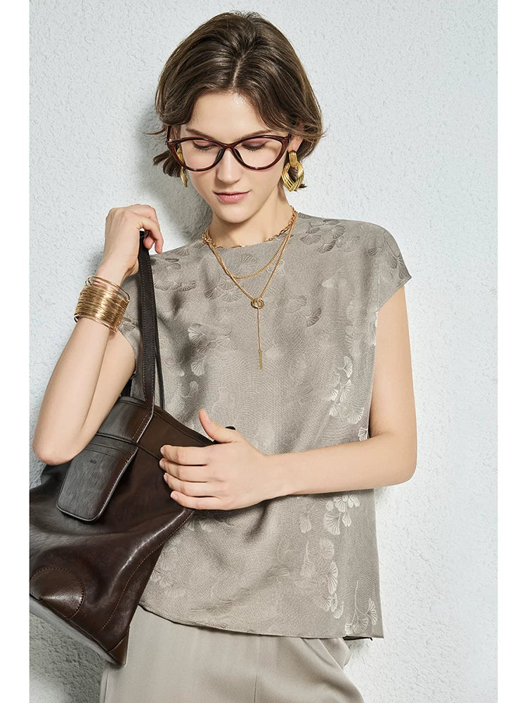 20mm mulberry silk gold round neck short-sleeved tops - 图片 2