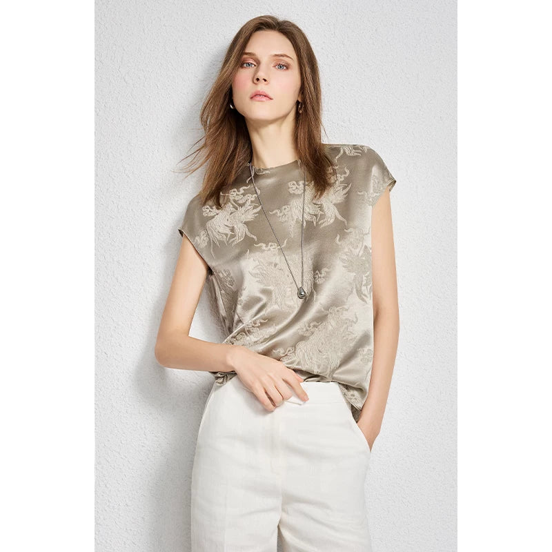 Fragrant flower shadow heavy 28 mmisan silk loose bag sleeve crew neck silk top - 图片 7