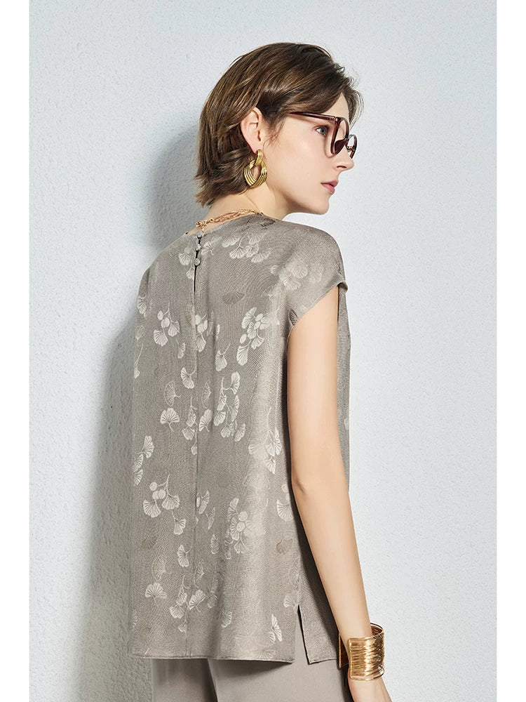 20mm mulberry silk gold round neck short-sleeved tops - 图片 5