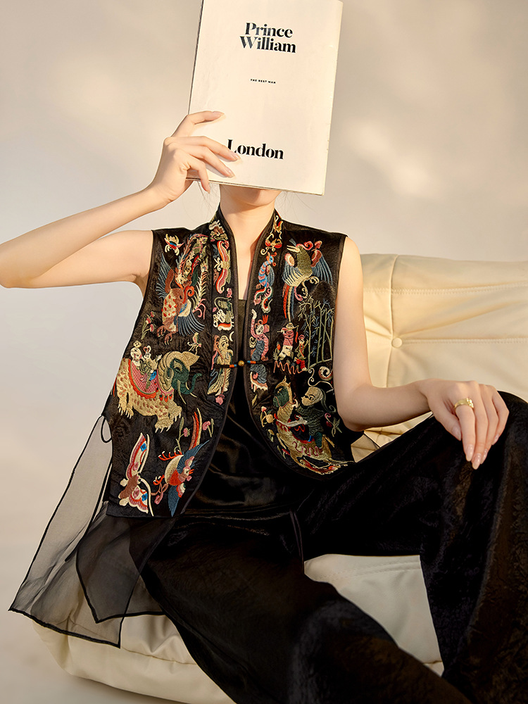 Chinese-style high-end mulberry silk embroidered vest - 图片 2
