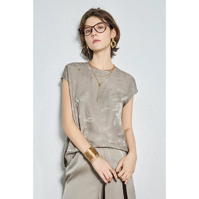 20mm mulberry silk gold round neck short-sleeved tops - 图片 7