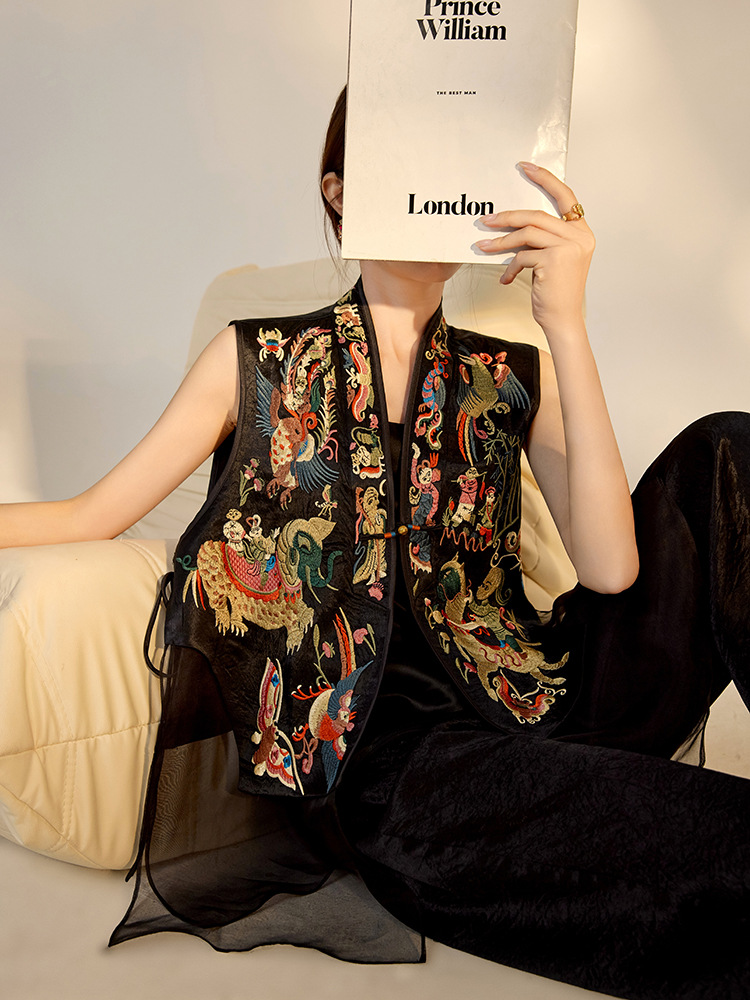 Chinese-style high-end mulberry silk embroidered vest - 图片 3