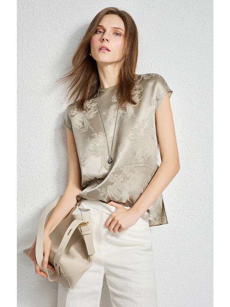 Fragrant flower shadow heavy 28 mmisan silk loose bag sleeve crew neck silk top - 图片 3