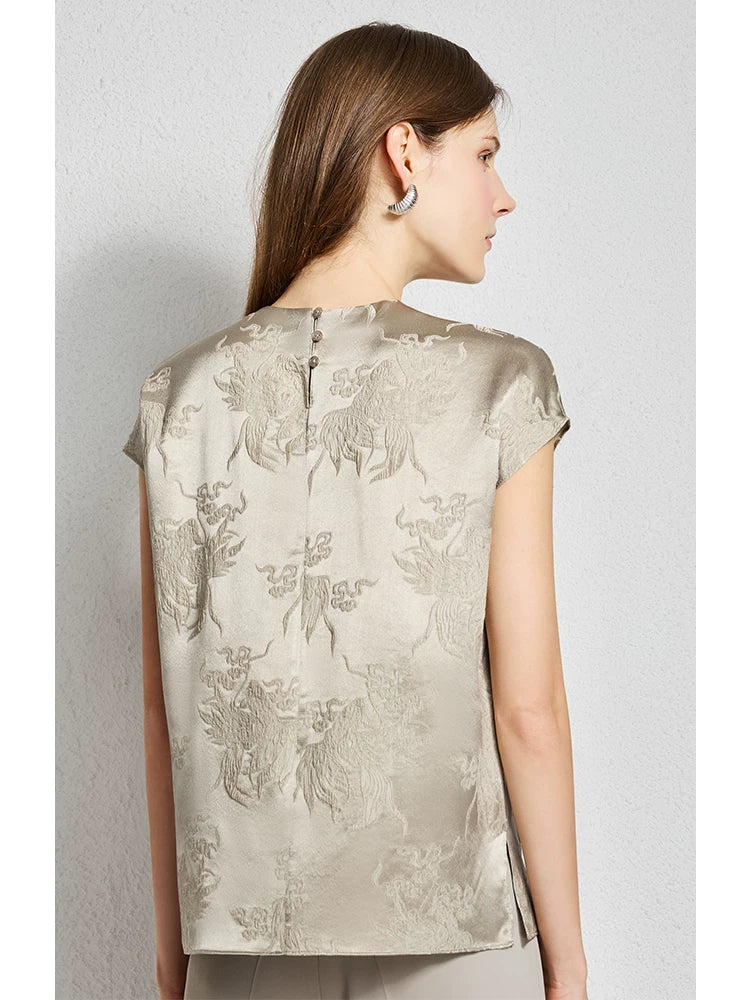 Fragrant flower shadow heavy 28 mmisan silk loose bag sleeve crew neck silk top - 图片 5