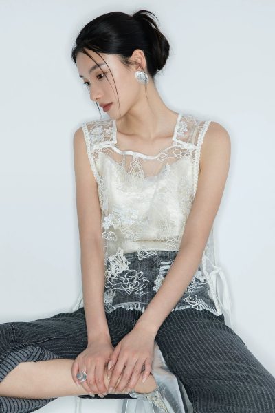 mesh embroiderlace fabric丨new chinoiserie elegant  beaded ribbon vest