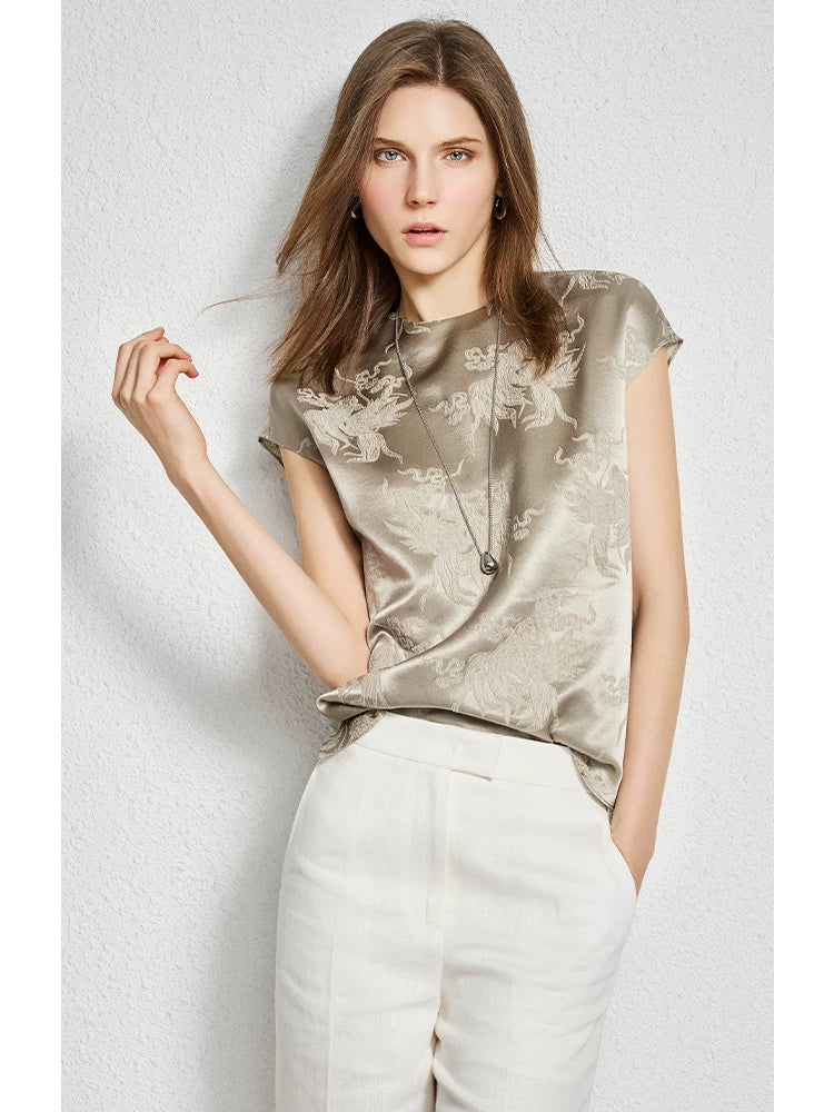 Fragrant flower shadow heavy 28 mmisan silk loose bag sleeve crew neck silk top - 图片 2