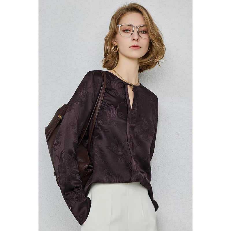 Heavy 28 mmisan silk crew neck loose long-sleeved top - 图片 7