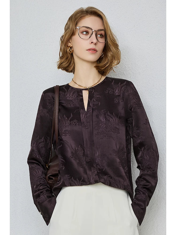 Heavy 28 mmisan silk crew neck loose long-sleeved top - 图片 2