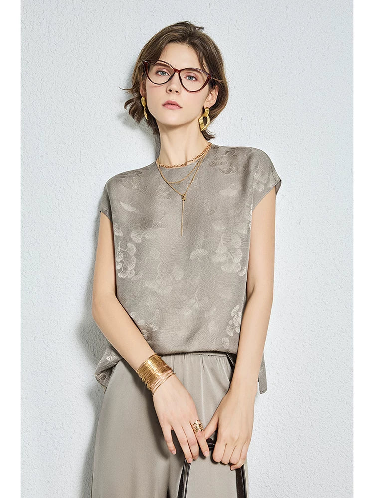 20mm mulberry silk gold round neck short-sleeved tops - 图片 4