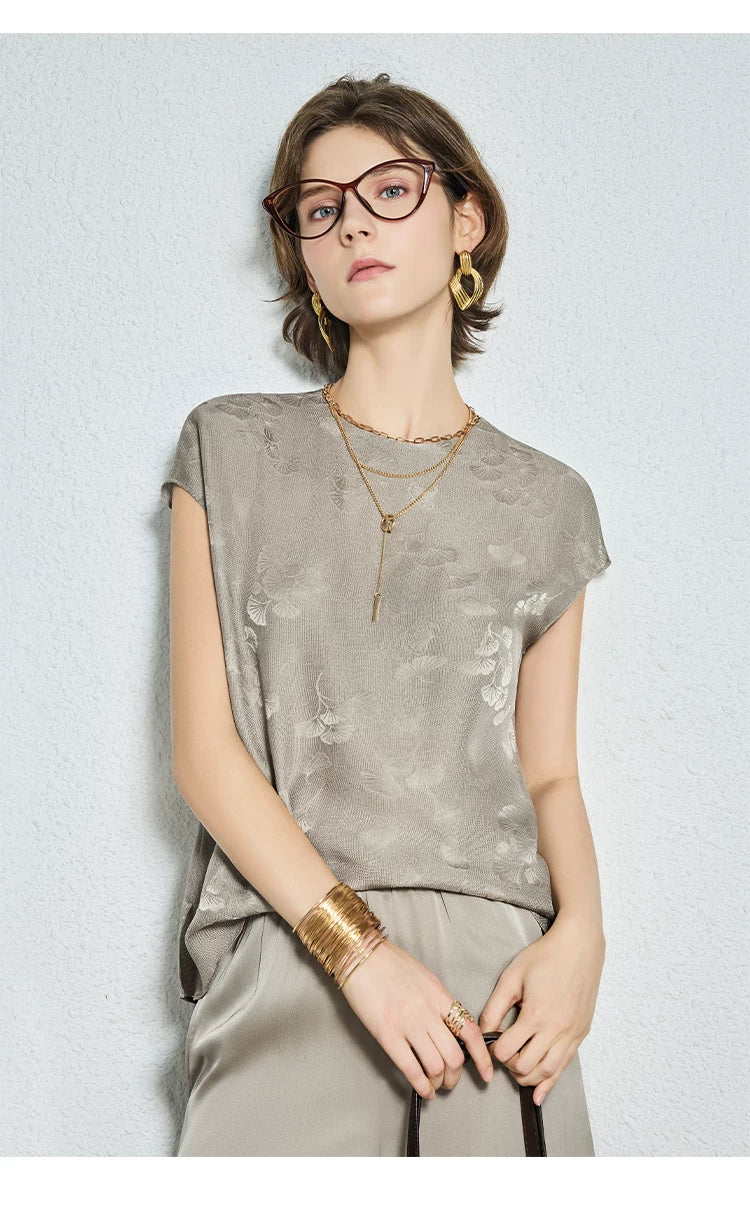 20mm mulberry silk gold round neck short-sleeved tops - 图片 6