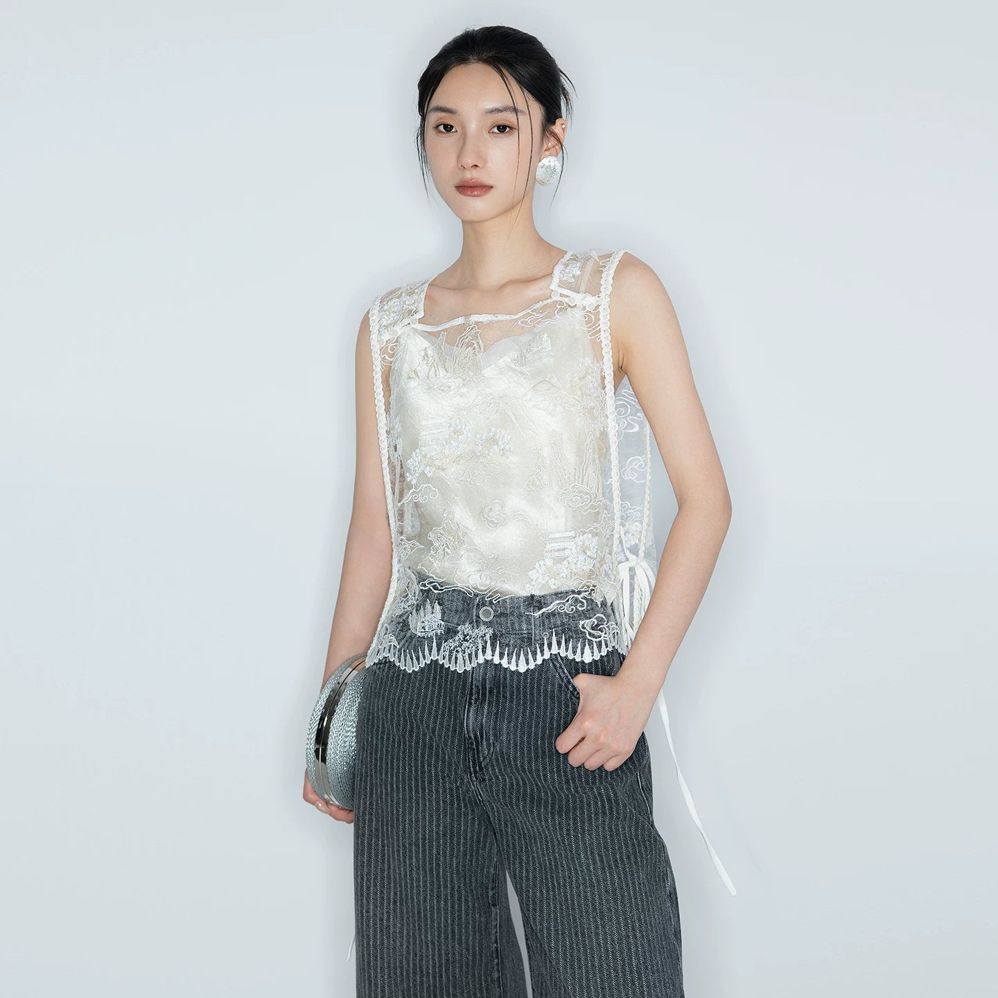 mesh embroiderlace fabric丨new chinoiserie elegant beaded ribbon vest - 图片 7