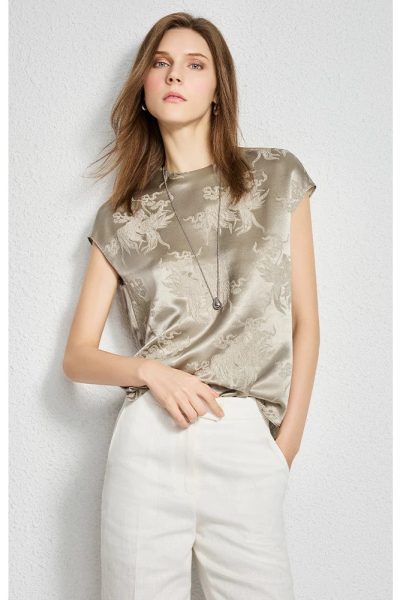 Fragrant flower shadow heavy 28 mmisan silk loose bag sleeve crew neck silk top