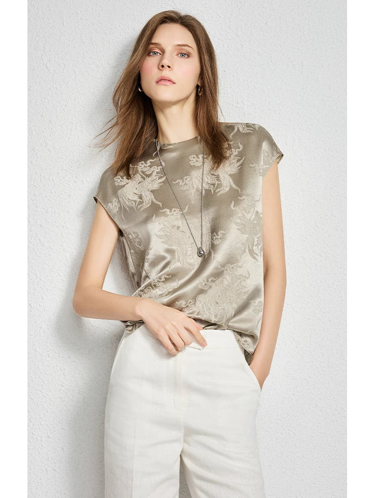 Fragrant flower shadow heavy 28 mmisan silk loose bag sleeve crew neck silk top
