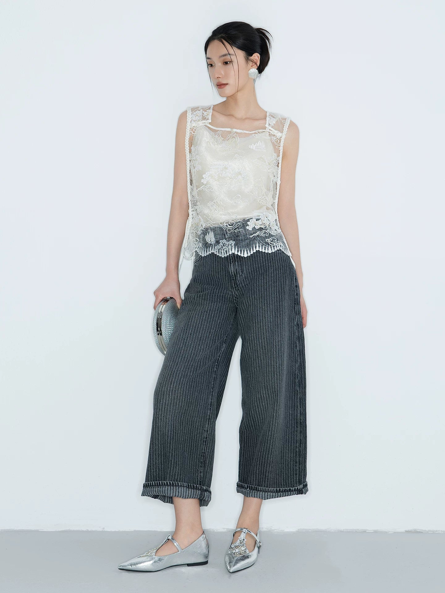 mesh embroiderlace fabric丨new chinoiserie elegant beaded ribbon vest - 图片 4