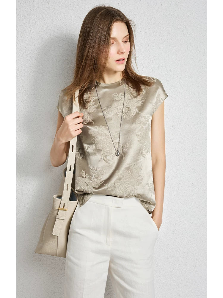Fragrant flower shadow heavy 28 mmisan silk loose bag sleeve crew neck silk top - 图片 4