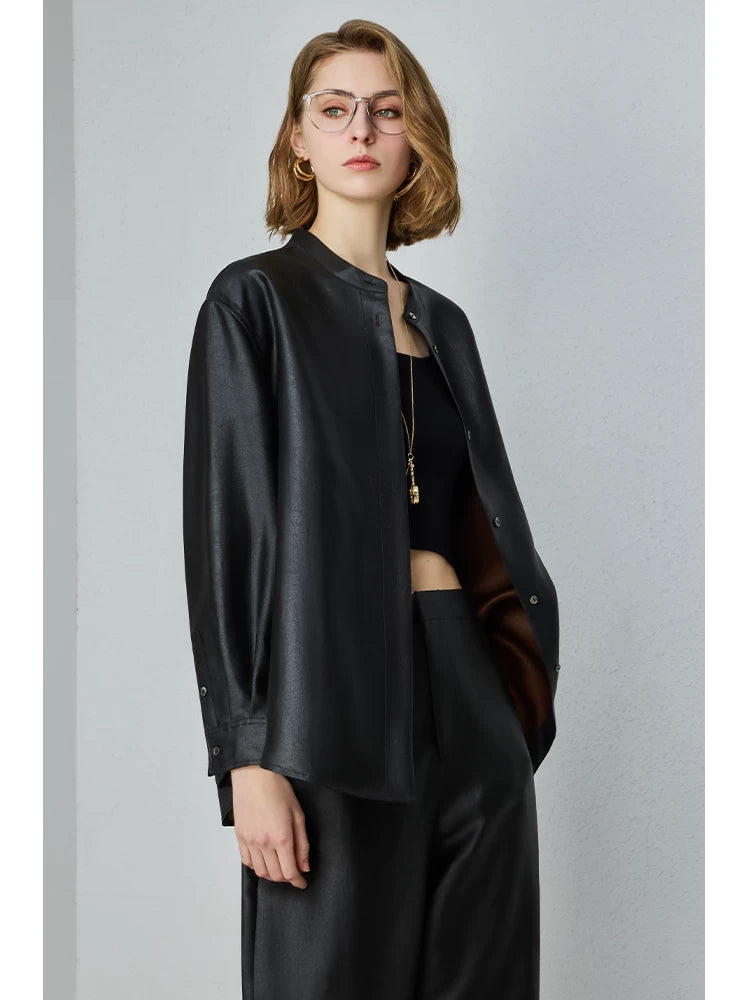 New chinoiserie ancient heavy satin silk fragrant cloud gauze stand collar shirt mulberry silk outwear