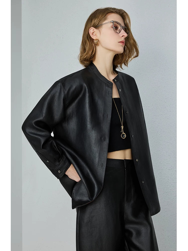 New chinoiserie ancient heavy satin silk fragrant cloud gauze stand collar shirt mulberry silk outwear - 图片 4