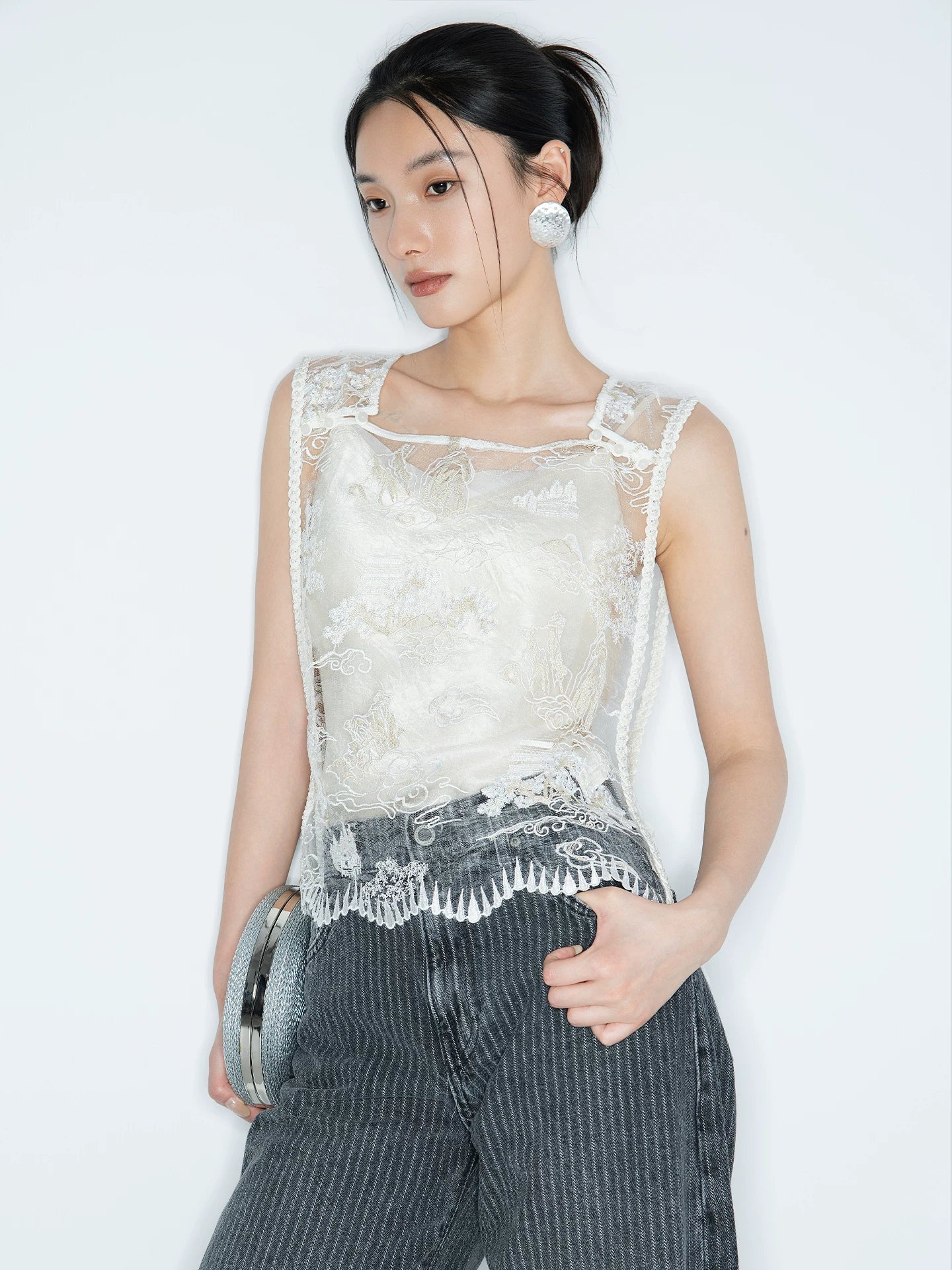 mesh embroiderlace fabric丨new chinoiserie elegant beaded ribbon vest - 图片 2