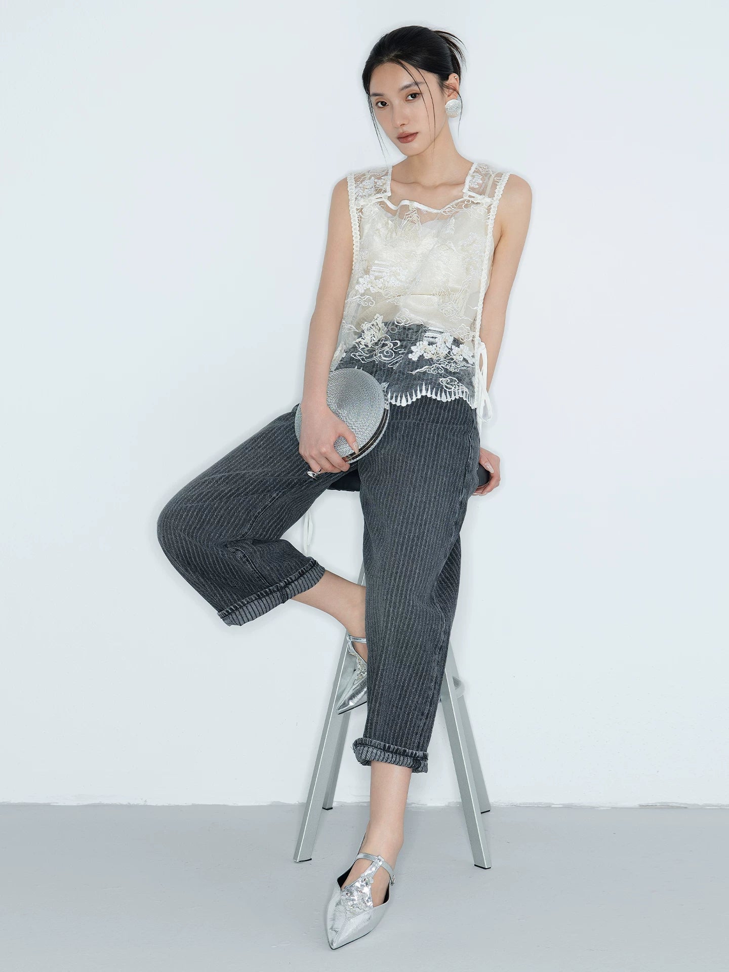 mesh embroiderlace fabric丨new chinoiserie elegant beaded ribbon vest - 图片 3