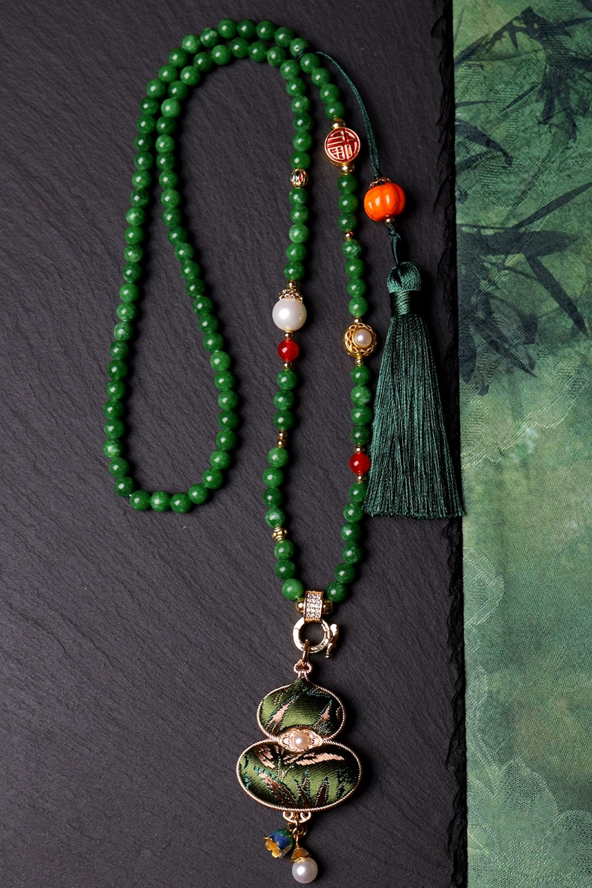 Double-sided Song Brocade Gourd Pendant Retro Tassel Jadeite New Chinese Style Necklace - 图片 4